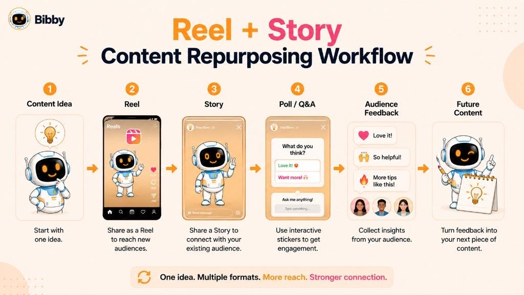 Six-step workflow infographic: start with one content idea, share it as a Reel to reach new audiences, share a Story to connect with existing followers, use interactive poll and question stickers, collect audience feedback, then turn that feedback into the next piece of content.