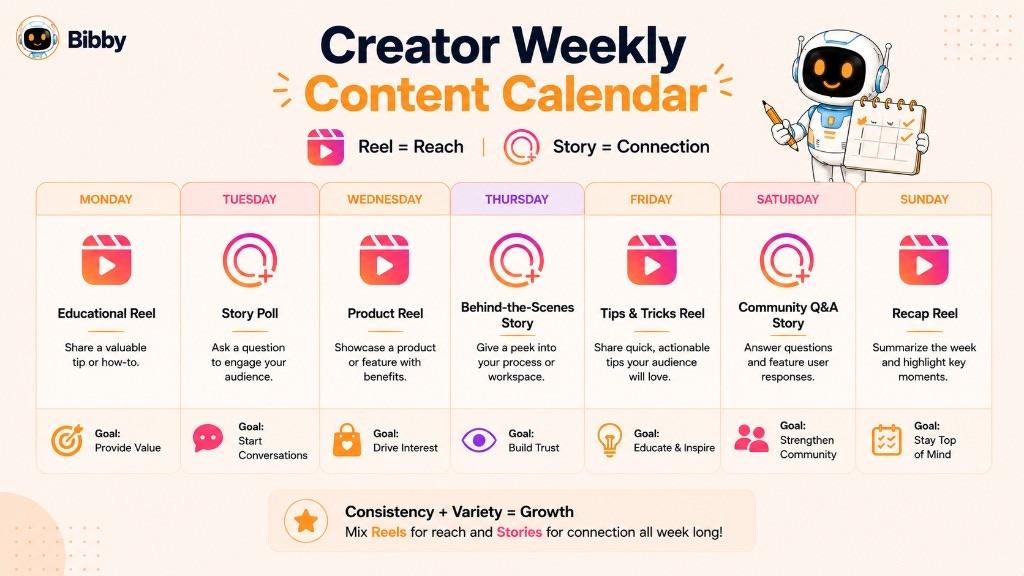 Weekly content calendar infographic for creators showing an educational Reel on Monday, Story poll on Tuesday, product Reel on Wednesday, behind-the-scenes Story on Thursday, tips Reel on Friday, community Q&A Story on Saturday, and recap Reel on Sunday, each with a stated goal. The schedule is an example, not a required posting frequency.