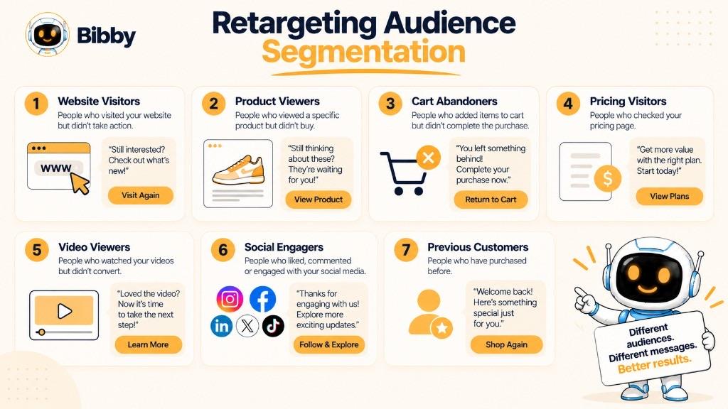 Grid infographic titled Retargeting Audience Segmentation with seven cards—website visitors, product viewers, cart abandoners, pricing visitors, video viewers, social engagers, and previous customers—each with a sample message and call to action.