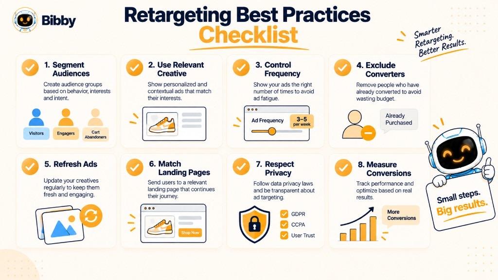 Eight-point checklist titled Retargeting Best Practices: segment audiences, use relevant creative, control frequency, exclude converters, refresh ads, match landing pages, respect privacy, and measure conversions. Frequency ranges shown are examples.