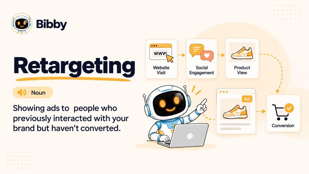 Infographic titled Retargeting defining the term as showing ads to people who previously interacted with a brand but have not converted, with a flow from website visit and social engagement through a product view to a follow-up ad and a completed purchase.