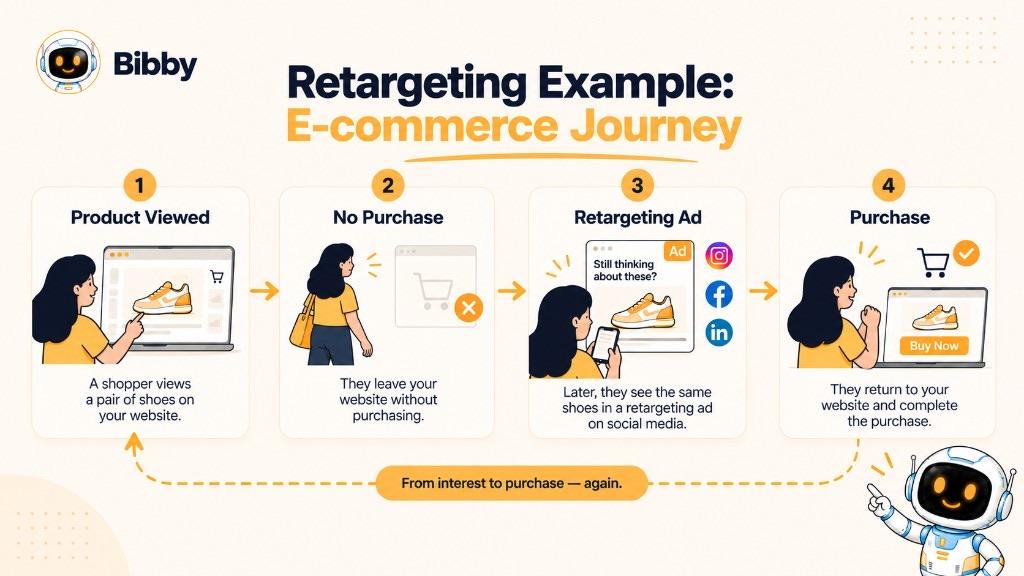 Four-step infographic titled Retargeting Example: E-commerce Journey showing a shopper viewing shoes, leaving without purchasing, later seeing those shoes in a social ad, then returning to complete the purchase.
