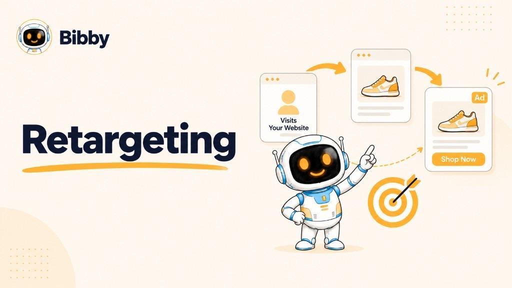 Bibby robot pointing at a four-step retargeting flow: a user visits a website, views a product, sees that product again, then receives a Shop Now ad. Illustration of an ads journey, not a Bibby feature.