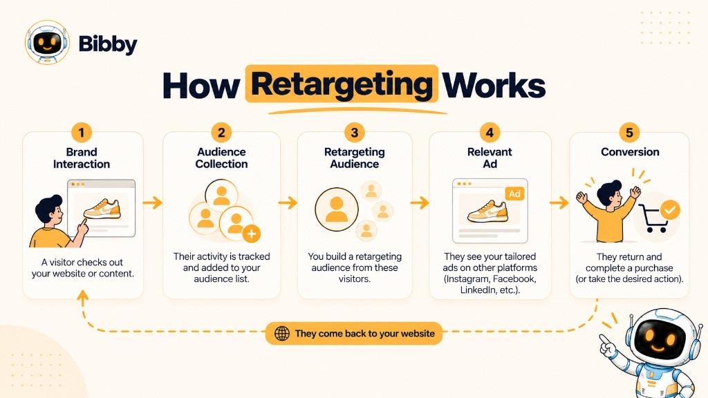 Five-step diagram titled How Retargeting Works: brand interaction, audience collection from eligible activity, building a retargeting audience, showing a relevant ad on other platforms, and conversion when the person returns. Collection depends on platform rules and consent.