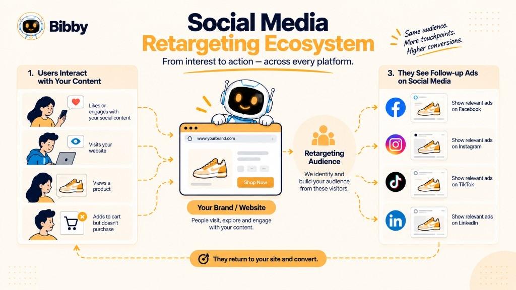 Diagram titled Social Media Retargeting Ecosystem showing interactions such as engagement, website visits, product views, and cart abandonment feeding a retargeting audience, then follow-up ads on Facebook, Instagram, TikTok, and LinkedIn that can bring people back to convert.