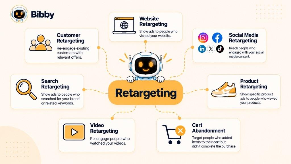 Mind-map infographic of seven retargeting types around a central hub: website, social media, product, cart abandonment, video, search, and customer retargeting.