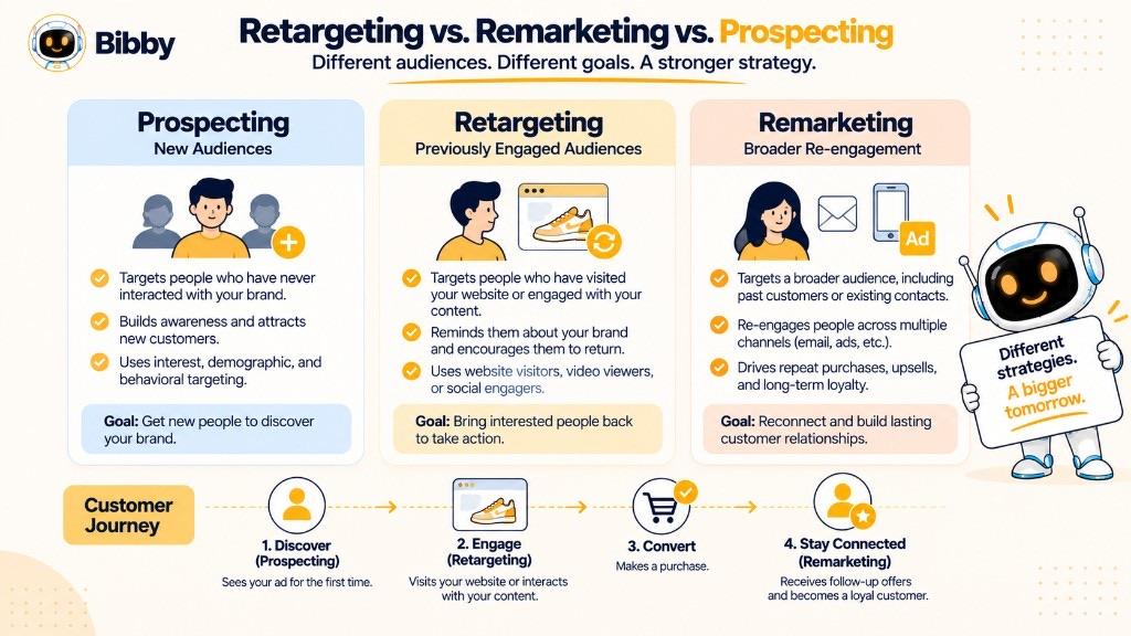 Comparison infographic of prospecting for new audiences, retargeting for previously engaged people, and remarketing for broader re-engagement, plus a journey from discover to engage, convert, and stay connected.