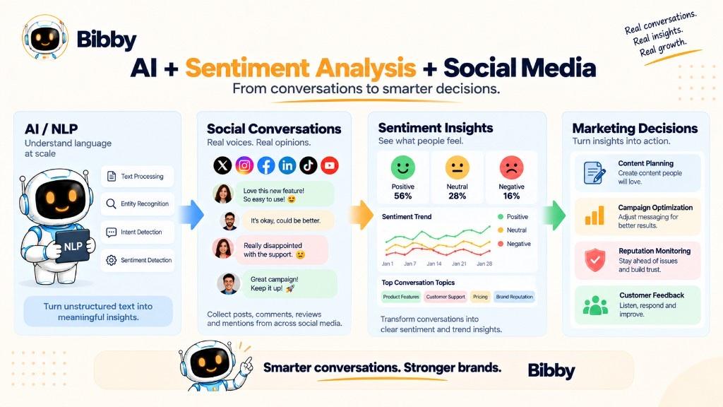 Four-step infographic from AI and NLP, through social conversations and sentiment insights, to marketing decisions such as content planning and reputation monitoring.