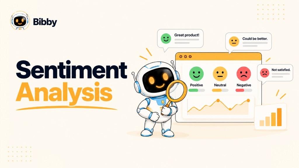 Bibby robot holding a magnifying glass beside a dashboard that sorts comments into positive, neutral, and negative. Illustration of sentiment classification, not a Bibby analytics feature.