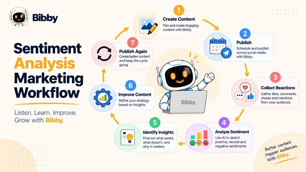 Circular seven-step infographic titled Sentiment Analysis Marketing Workflow: create, publish, collect reactions, analyze sentiment, identify insights, improve content, then publish again.