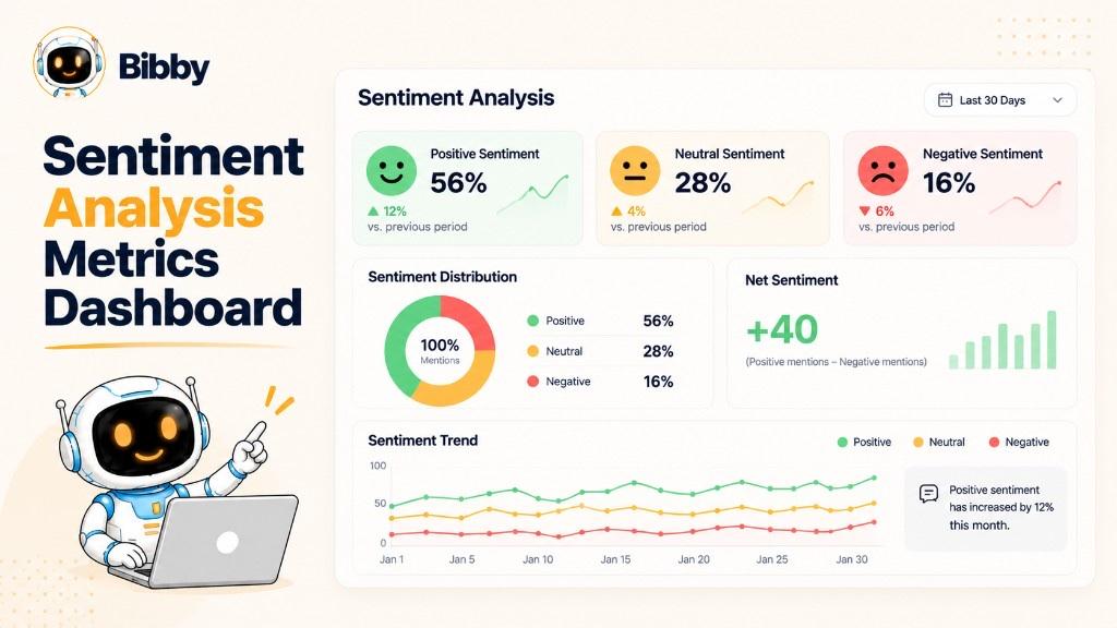 Illustrated dashboard titled Sentiment Analysis Metrics Dashboard with sample cards for 56% positive, 28% neutral, 16% negative, a +40 net sentiment bar, and a 30-day trend.