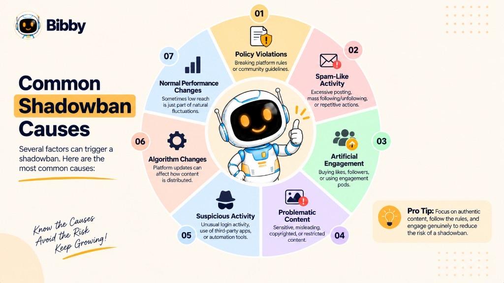 Circular infographic titled Common Shadowban Causes covering policy violations, spam-like activity, artificial engagement, problematic content, suspicious activity, algorithm changes, and normal performance changes.