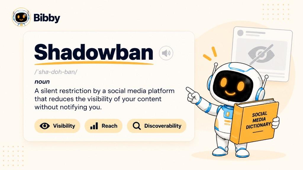 Dictionary-style card defining shadowban as a silent restriction that reduces visibility without notifying you, tagged visibility, reach, and discoverability.