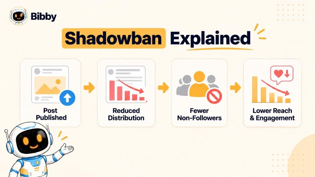 Four-step infographic titled Shadowban Explained: post published, reduced distribution, fewer non-followers, then lower reach and engagement.