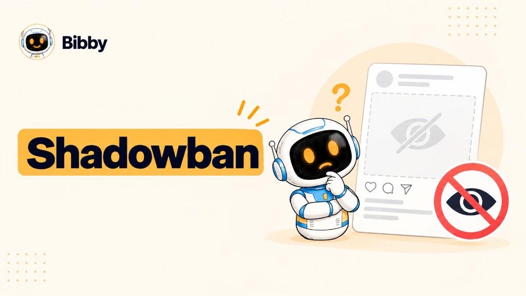 Bibby robot considering a social post marked hidden, with a prohibited eye icon. Illustration of reduced discoverability—not a Bibby shadowban checker.