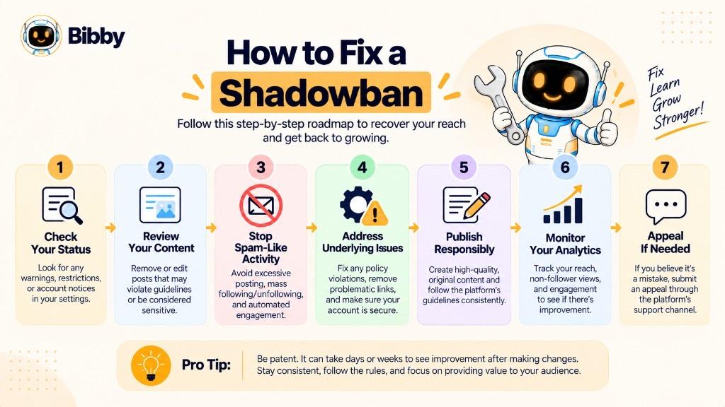 Seven-step infographic titled How to Fix a Shadowban: check status, review content, stop spam-like activity, address issues, publish responsibly, monitor analytics, and appeal if needed.