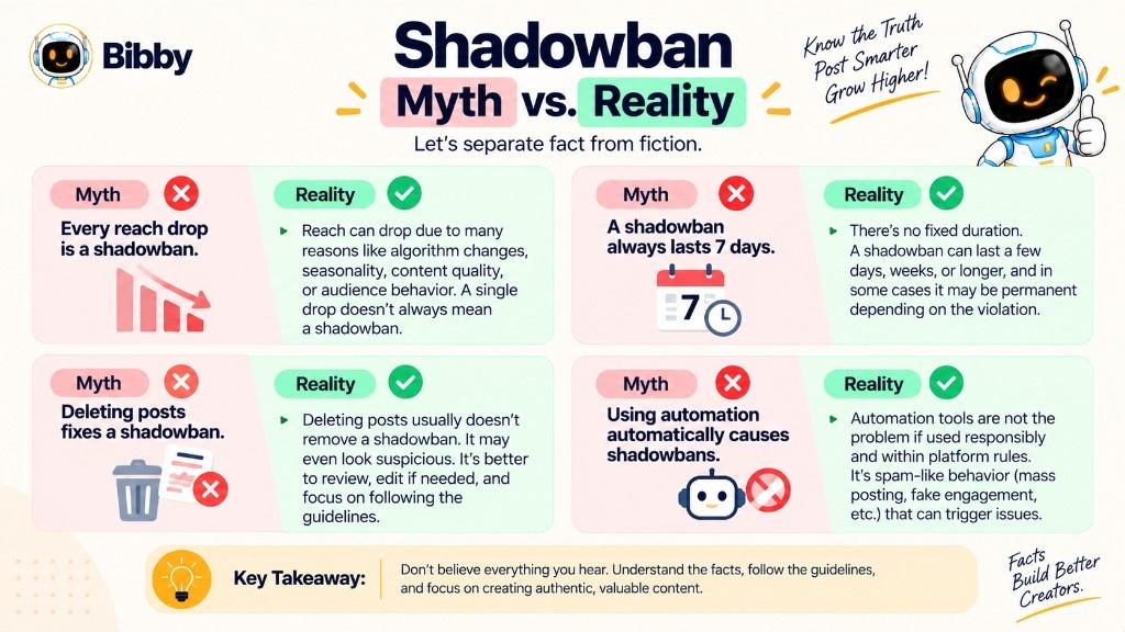 Four-pair infographic titled Shadowban Myth vs. Reality covering reach drops, a seven-day timeline, deleting posts, and automation.