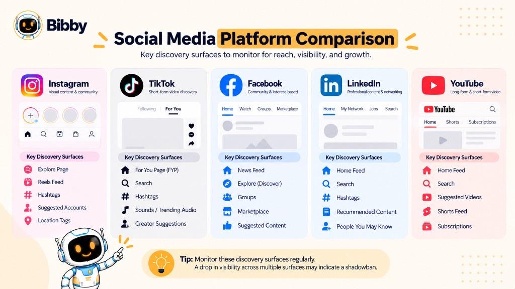 Five-column infographic titled Social Media Platform Comparison listing discovery surfaces on Instagram, TikTok, Facebook, LinkedIn, and YouTube.