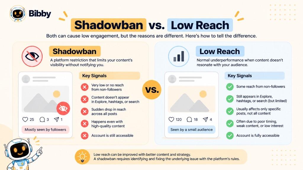 Comparison infographic titled Shadowban vs. Low Reach: restriction-like signals on the left versus ordinary underperformance on the right, with sample like and comment counts.