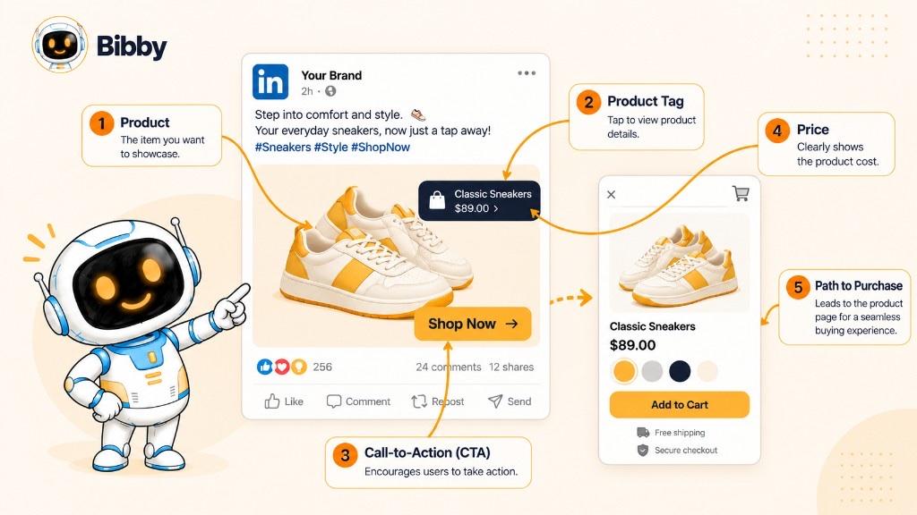 Infographic of a shoppable post anatomy: tagged sneakers, Shop Now button, and a product page with price and Add to Cart.