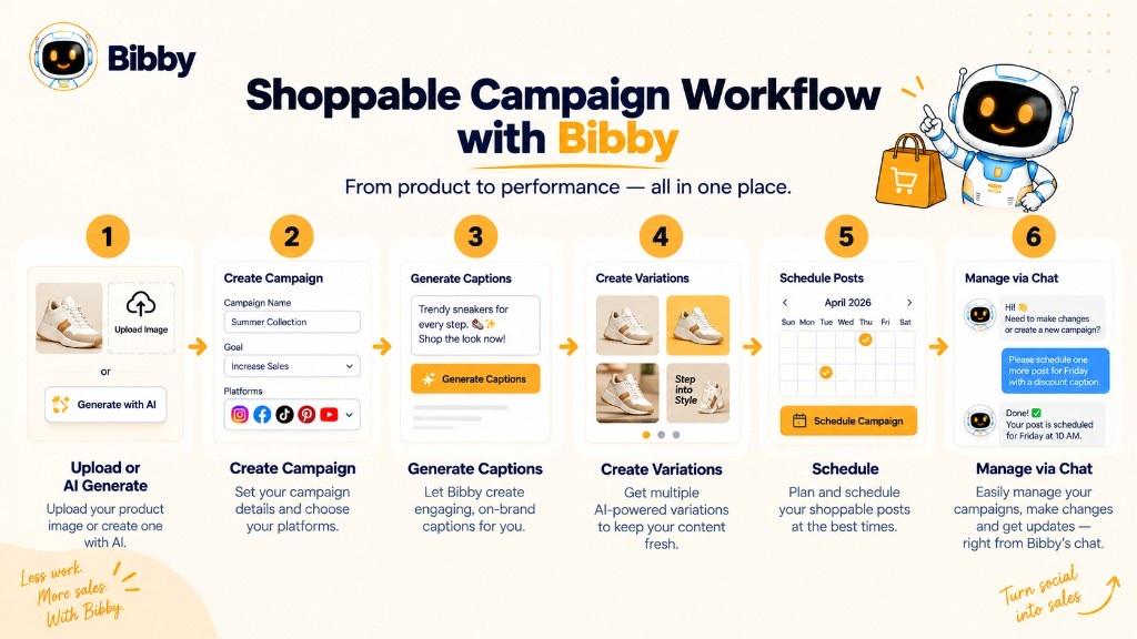 Six-step infographic titled Shoppable Campaign Workflow with Bibby: upload or generate, create campaign, generate captions, create variations, schedule, and manage in chat.