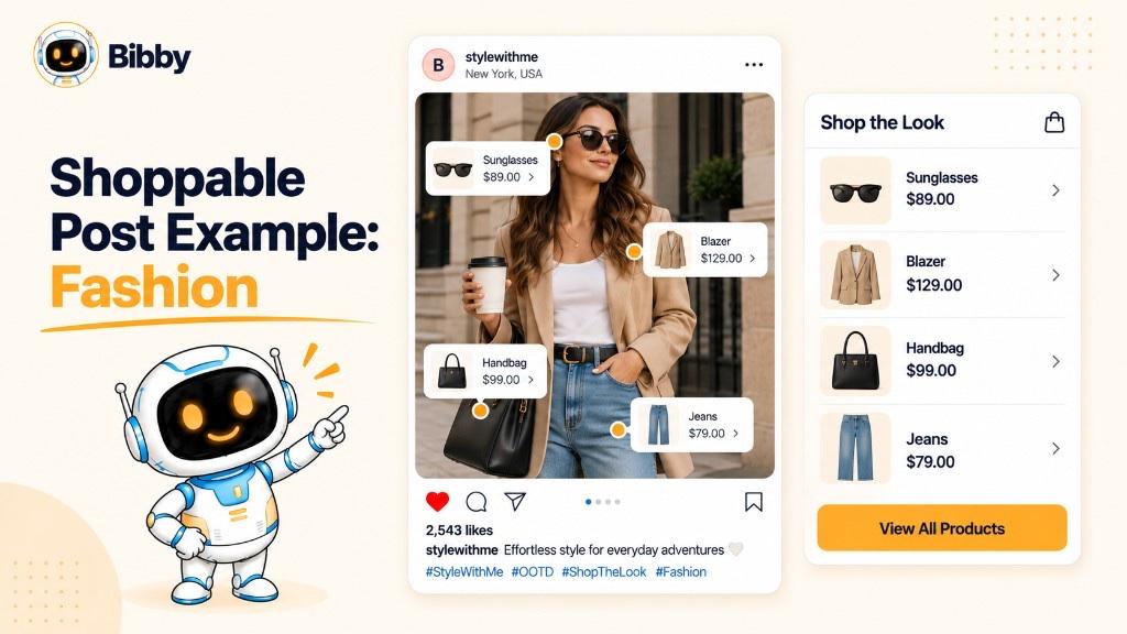 Example shoppable fashion post tagging sunglasses, blazer, handbag, and jeans with sample prices and a Shop the Look list.