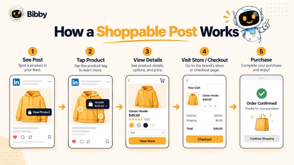 Five-step infographic titled How a Shoppable Post Works: see the post, tap the product tag, view details, visit the store or cart, then purchase.