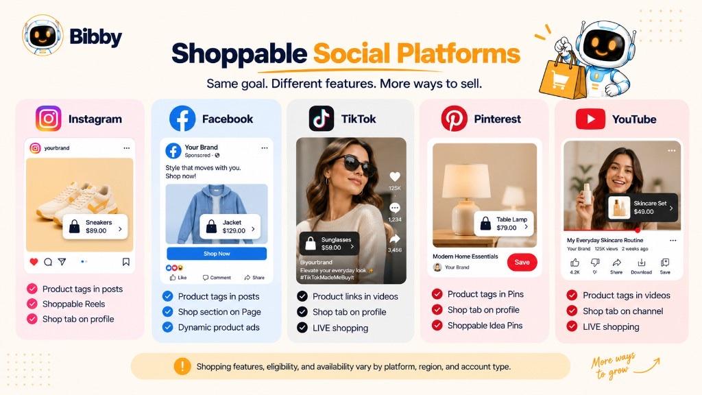 Five-column infographic titled Shoppable Social Platforms comparing Instagram, Facebook, TikTok, Pinterest, and YouTube shopping features.