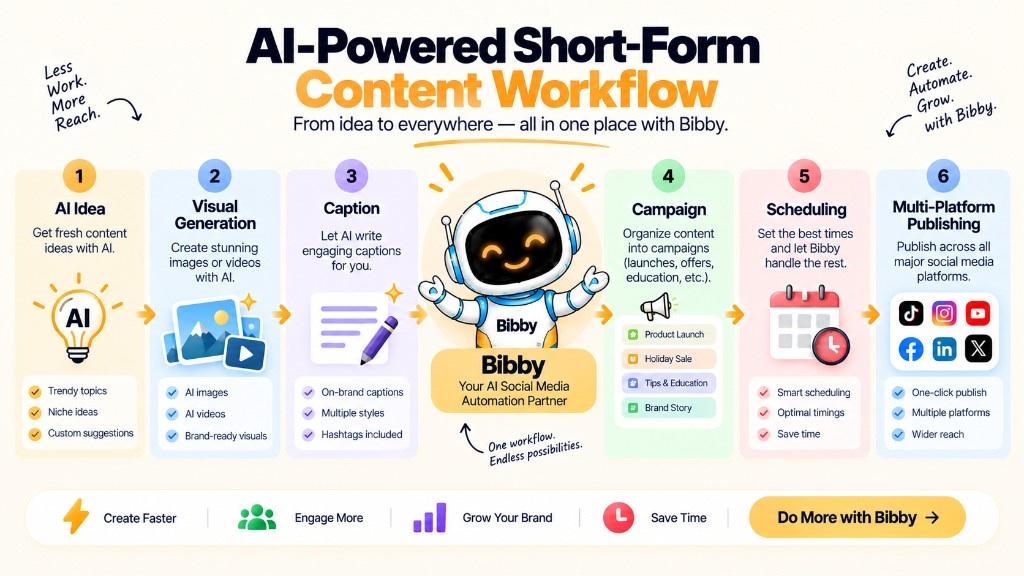 Six-step infographic of an AI short-form workflow: idea, visual generation, caption, campaign, scheduling, and multi-platform publishing. Bibby supports Facebook, Instagram, LinkedIn, YouTube, and TikTok—not every icon shown—and does not guarantee reach or sales.