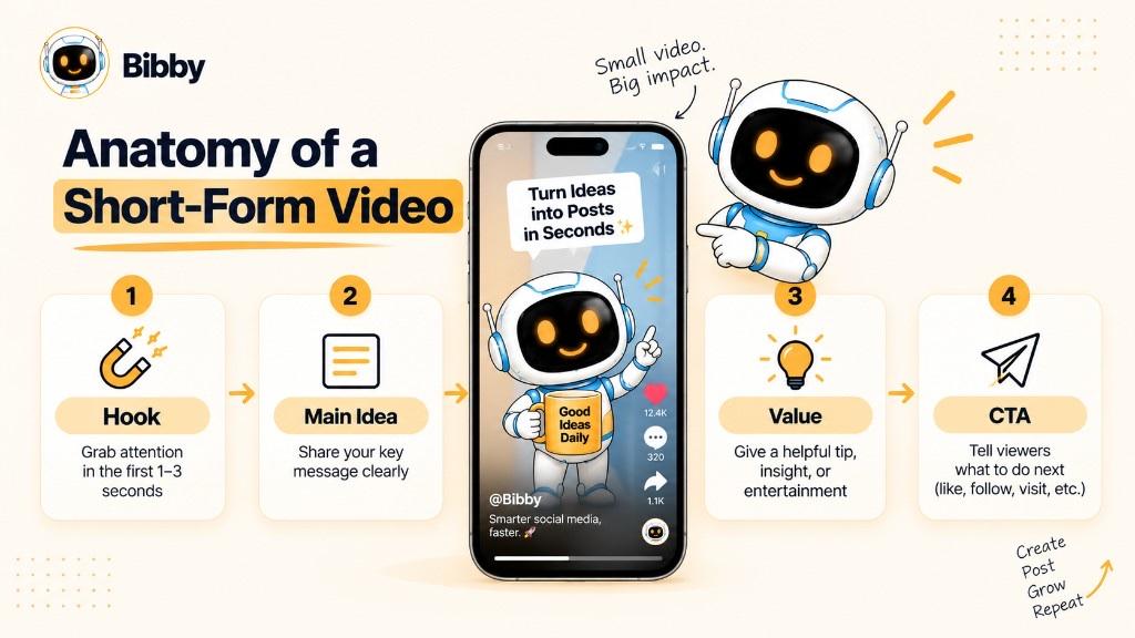 Infographic titled Anatomy of a Short-Form Video: hook, main idea, value, and CTA around a phone showing a Bibby-style clip. The four-part structure is a teaching model—not a guaranteed formula or Bibby editor.