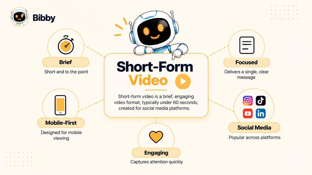Infographic titled Short-Form Video: a central definition with five traits—brief, mobile-first, engaging, focused, and social media. The graphic’s “typically under 60 seconds” line is a common range, not a universal cutoff.