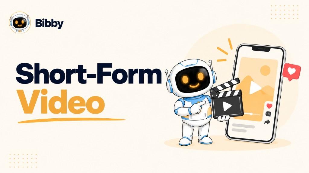 Bibby robot holding a clapperboard and pointing at a smartphone playing a vertical video with like, comment, and share icons, titled Short-Form Video. Illustration of social video—not a Bibby video editor or analytics dashboard.