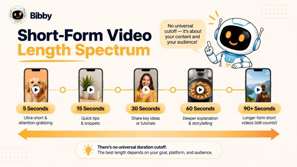 Infographic titled Short-Form Video Length Spectrum: 5, 15, 30, 60, and 90-plus seconds with example clips and a note that there is no universal cutoff. Sample phone screens are illustrations.