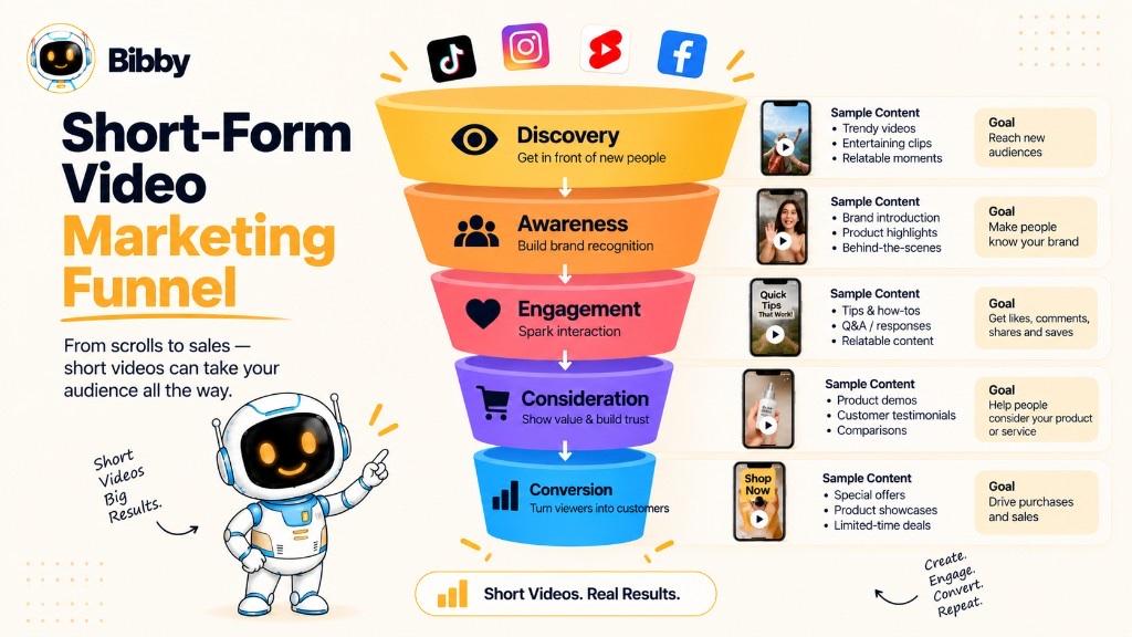 Funnel infographic from discovery and awareness through engagement, consideration, and conversion, with sample Shop Now and hiking clips. Illustration of a marketing journey—not a Bibby sales or ads product.