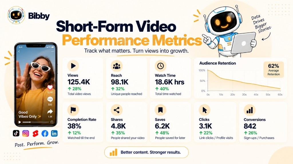 Dashboard-style infographic of short-form video metrics: views, reach, watch time, retention, completion, shares, saves, clicks, and conversions with sample percentages. These numbers are illustrations—not Bibby analytics.