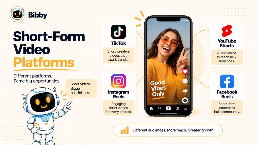 Infographic titled Short-Form Video Platforms: TikTok, Instagram Reels, YouTube Shorts, and Facebook Reels around a phone with sample likes and comments. Engagement numbers are illustrations—not Bibby analytics.