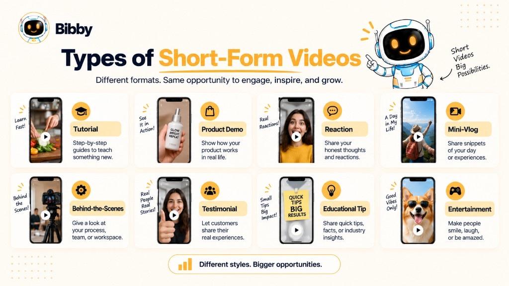 Grid infographic of eight short-form video types: tutorial, product demo, reaction, mini-vlog, behind-the-scenes, testimonial, educational tip, and entertainment. Sample phone frames are illustrations—not Bibby templates.