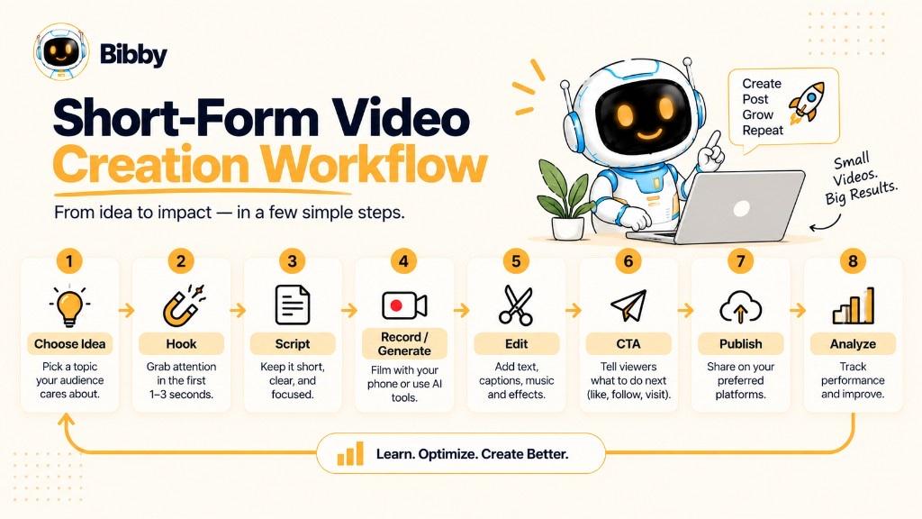 Eight-step infographic of a short-form video workflow: choose idea, hook, script, record or generate, edit, CTA, publish, and analyze, looping back to learn and optimize. Analyze means platform Insights—not a Bibby analytics dashboard.