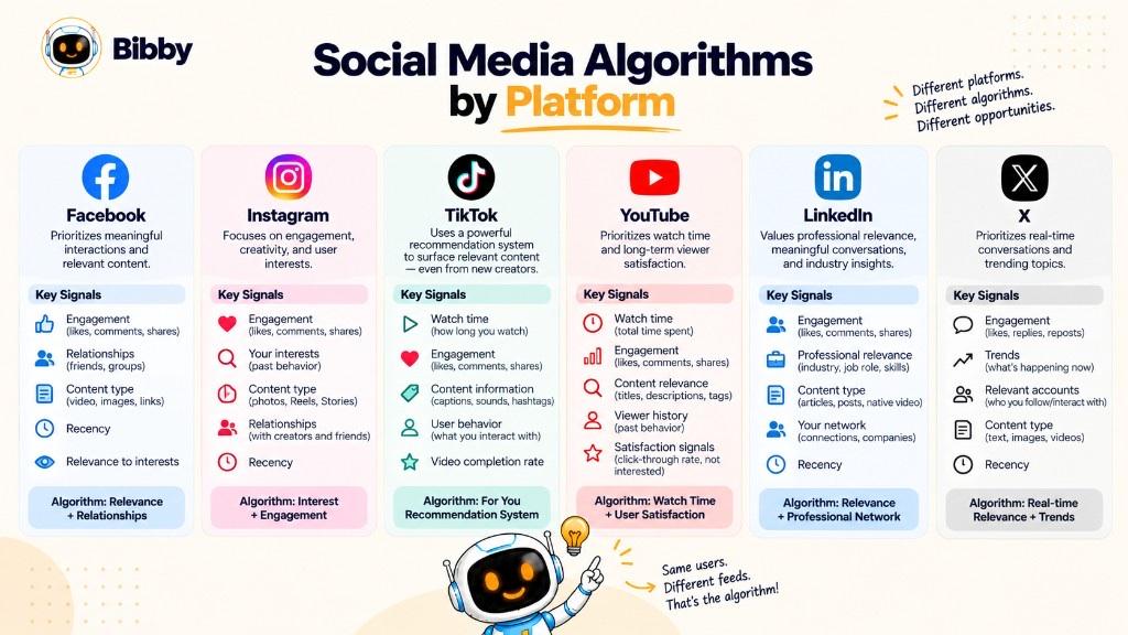 Infographic titled Social Media Algorithms by Platform: Facebook, Instagram, TikTok, YouTube, LinkedIn, and X with sample focus, signals, and a one-line summary for each.