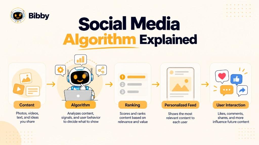 Infographic titled Social Media Algorithm Explained: five steps from content (photos, videos, text) through algorithm analysis, ranking, a personalized feed on a phone, and user interactions such as likes, comments, and shares.