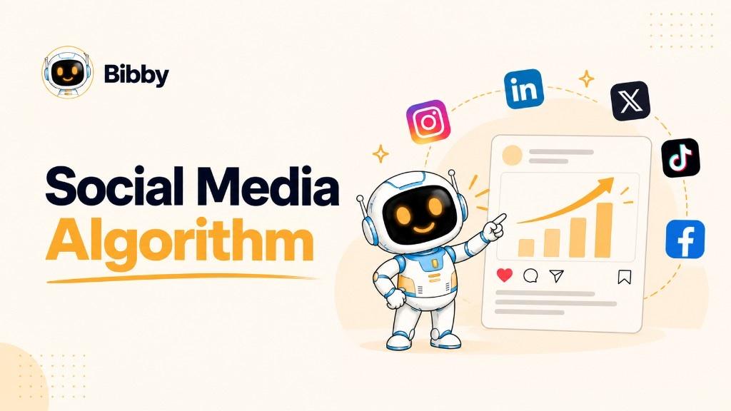 Bibby robot pointing at a social post card with a rising bar chart and like, comment, share, and save icons, titled Social Media Algorithm, with Instagram, LinkedIn, X, TikTok, and Facebook icons. Illustration of ranking and engagement—not a Bibby analytics dashboard or guaranteed reach.