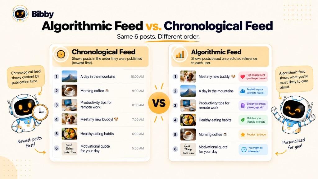 Infographic titled Algorithmic Feed vs Chronological Feed: the same six sample posts ordered by time on the left and by predicted relevance on the right, with a VS badge in the center.