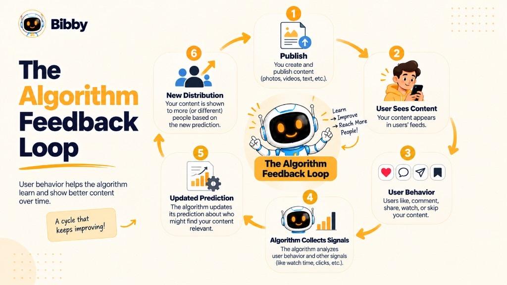 Infographic titled The Algorithm Feedback Loop: a six-step cycle of publish, user sees content, user behavior, algorithm collects signals, updated prediction, and new distribution around a robot labeled Learn, Improve, Reach More People.