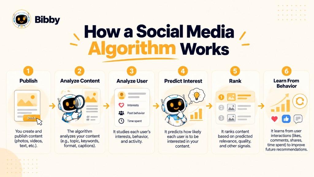 Infographic titled How a Social Media Algorithm Works: six steps—publish, analyze content, analyze the user, predict interest, rank, and learn from behavior—with a robot reviewing a post and a rising chart.