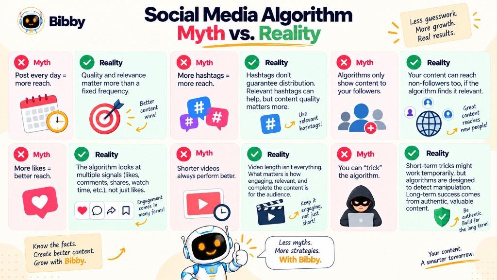 Infographic titled Social Media Algorithm Myth vs Reality: six pairs covering posting frequency, hashtags, audience reach, likes, video length, and “tricking” the algorithm, each with a myth marked X and a reality marked check.