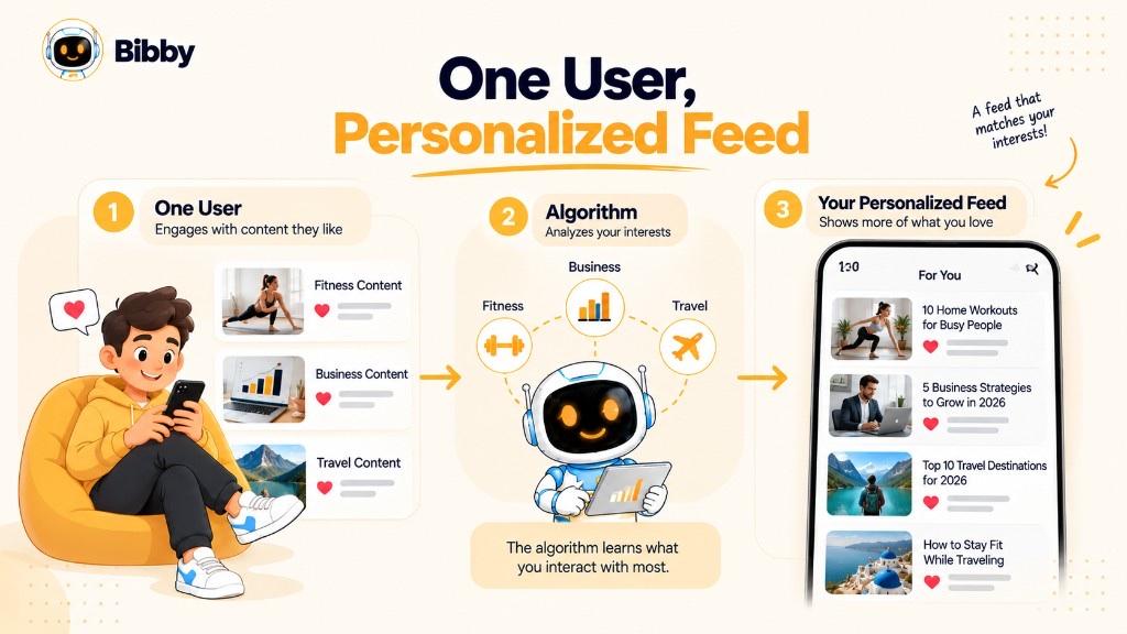 Infographic titled One User, Personalized Feed: a person engaging with fitness, business, and travel posts, a robot analyzing those interests, and a For You phone feed showing related recommendations.