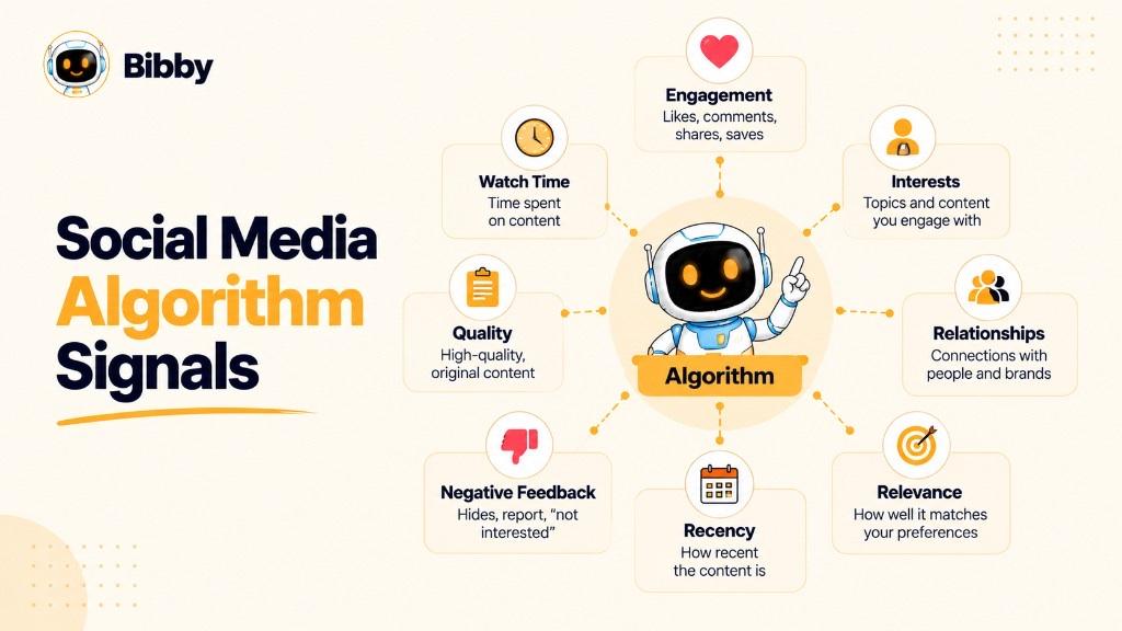 Infographic titled Social Media Algorithm Signals: a robot at the center connected to engagement, interests, relationships, relevance, recency, negative feedback, quality, and watch time.
