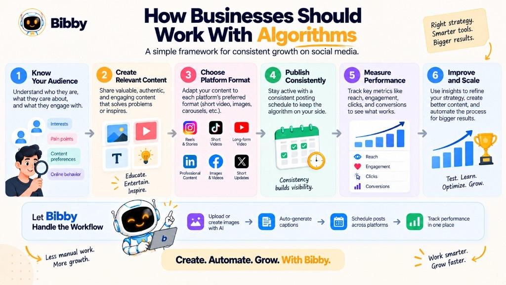 Infographic titled How Businesses Should Work With Algorithms: six steps—know your audience, create relevant content, choose platform format, publish consistently, measure performance, and improve and scale—plus a Bibby workflow strip for visuals, captions, and scheduling.