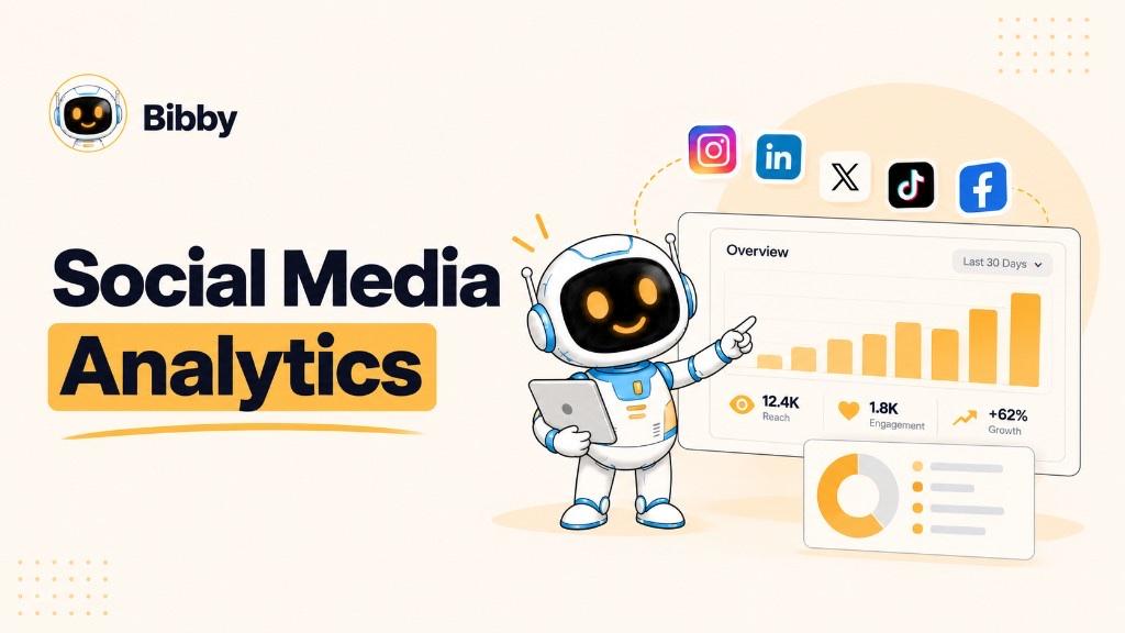 Bibby robot holding a tablet and pointing at an Overview chart with reach, engagement, and growth figures, plus Instagram, LinkedIn, X, TikTok, and Facebook icons. Illustration of social analytics—not a Bibby dashboard.