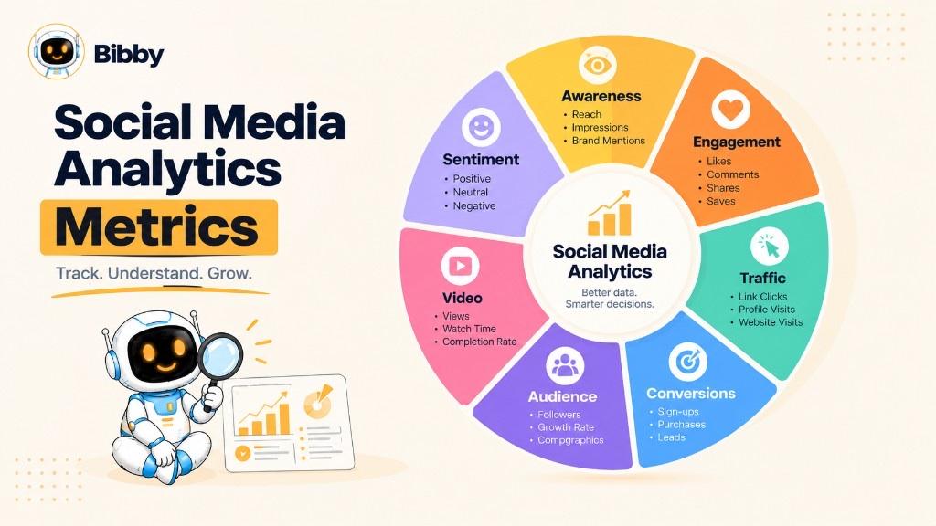 Infographic titled Social Media Analytics Metrics: a color wheel for awareness, engagement, traffic, conversions, audience, video, and sentiment around a center labeled Social Media Analytics.